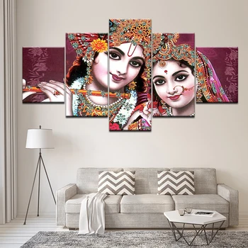 HD Vytlačené Obrázky Na Obývacia Izba Plátno na Stenu Umenie Rám 5 Kus India Boh Radha Krishna Maľovanie Domova Plagáty, umelecké Diela