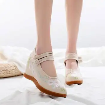 Staroveké Hanfu topánky, dámske staré látkové topánky, kostým, topánky s vysokým podpätkom, vyšívané topánky, etnické retro tanečné topánky, kliny