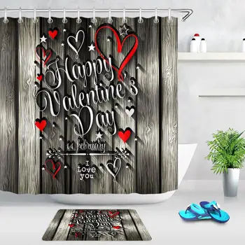 Happy Valentines Day Nepremokavé Sprchový Záves Červené Srdcia Klasická drevená Doska Kúpeľňa Opony Šedá Záves S 12 ks Háčikov