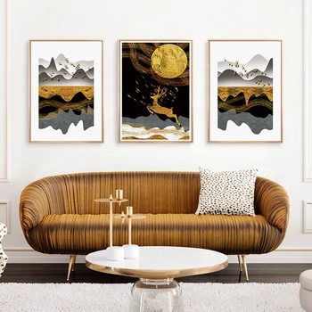 Zlatý Jeleň Vtákov Nordic Plagát Krajiny Abstraktné Maliarske Plátno Wall Art print Dekoratívne Obrázky na Obývacia Izba Domova