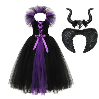 Halloween Kostým pre 2-12T Dievča Maleficent 2 Šaty bez Rukávov zlá Kráľovná Princess Tutu Šaty s Diablom Horn