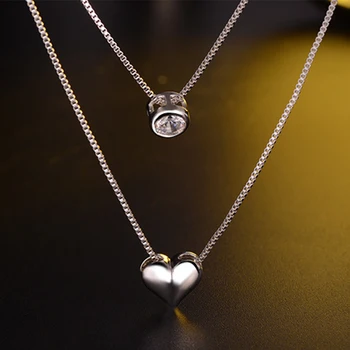 2019 Nové Veľkoobchodné Šperky Striebornú Farbu Dvojitého Vrstvy kľúčnu kosť Náhrdelník Reťazca CZ Láska-srdce Náhrdelník Prívesok Pre Ženy