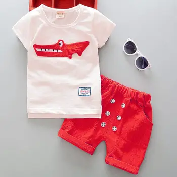 Cartoon Bavlna Letné Oblečenie Sady pre Deti, Chlapec vrchné oblečenie Dinosaura Biele Krátky Rukáv T-shirt+Červené Nohavice Bežné Toddle Oblek