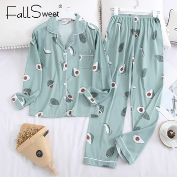 FallSweet Vytlačené Pyžamá pre Ženy Dlhý Rukáv Sleepwear Zase Dole Golier Lougewear