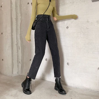 Hot predaj vysoký pás ženy džínsy elegantný módy úsek tesné nohavice 2020 jeseň retro roztrhané džínsy okraj orezaný nohavice