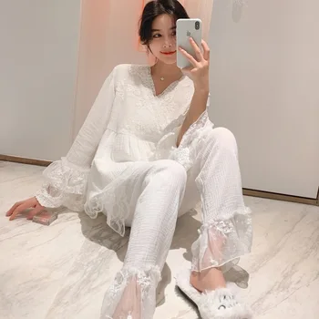 Pyžamo biela jar a na jeseň nové bavlna gázy žien Palác Štýl пижама set roztomilé Hanfu veľké veľkosti domáceho poskytovateĺa Sleepwear