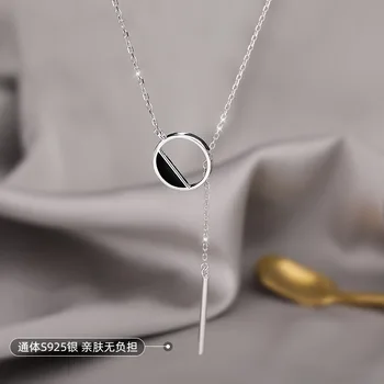 925 Sterling Silver Black Kolo Perličiek Dlho kórejský Náhrdelník Tvorivé Elegantné Reťazí Svadobné Šperky Pre Ženy dz624