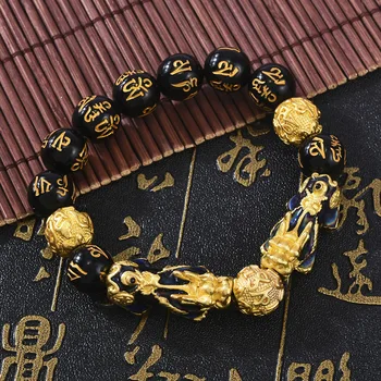 Unisex Feng Shui Čierna Obsidián Korálky Bohatstvo Mužov Náramok Šťastia Šperky