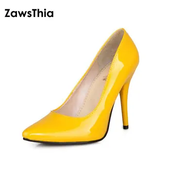 ZawsThia patent PU kožené žena tenké vysoké podpätky farebné žltá zelená stiletto office lady čerpadlá dámske topánky veľká veľkosť 46 47 48