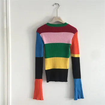 Harajuku pletený sveter Rainbow Svetre Prúžok Pletené Turtleneck Pulóvre Zimné Oblečenie Bavlna Dlhý Sveter Ženy
