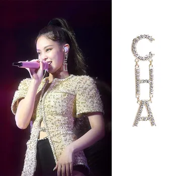 Kpop kórejský Celebrity rovnakej ulici módne náušnice drahokamu písmená CHA číslo 5 strapec dlho časť asymetrických náušnice