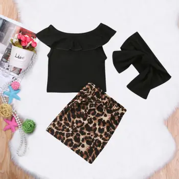 2018 Nové Deti Dievča Letné Oblečenie Baby Girl Mimo Ramenný Prehrabať Tričko Topy Leopard Plášť Sukne Deti Módne Oblečenie 1-6Y