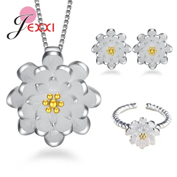 Kórejský 925 Sterling Silver Ring Náhrdelníky Náušnice Pre Ženy, Lotosový Kvet Svadobné Šperky, Zásnubné Sady Nastaviteľné Prst Prsteň