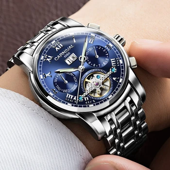 KARNEVAL Luxusné Kvalitné Tourbillon mechanické Hodinky pánske Business Šaty Náramkové hodinky pre Človeka Ocele Hodiny Nepremokavé Muž