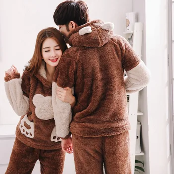 2019 pánske Luxusné Pyžamo s Kapucňou Celý Rukáv Zime Teplé Hrubšie Ženy Salónik Oblečenie, oblečenie pre voľný čas Roztomilý Kreslený Medveď Pyžamo homme