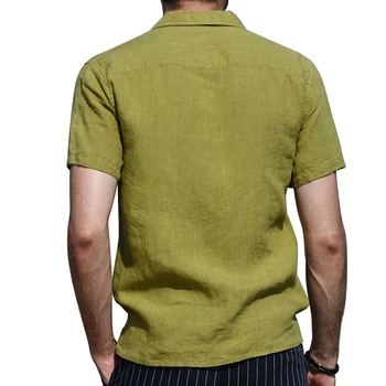 Muži Smart Casual Pevné Zase Dole Golier Bavlnená posteľná Bielizeň T-tričko Tee Páni Voľné Krátke Rukáv V Krku Top s Tlačidlami