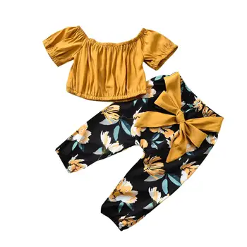 1-4Y Lete Dieťa Dieťa Dievčatá Oblečenie vyráža Ramenný Tričká Topy+Bowknot Kvetinový Tlač Nohavice 2ks