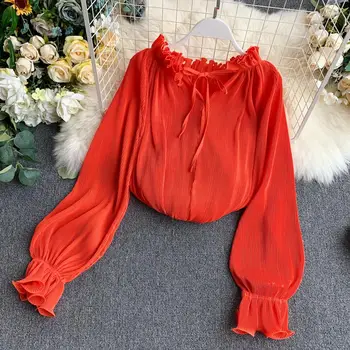 2019 nové módne dámske blúzky, košele, ženské skladaný dlhý rukáv rozstrapatené top šifón tričko tide