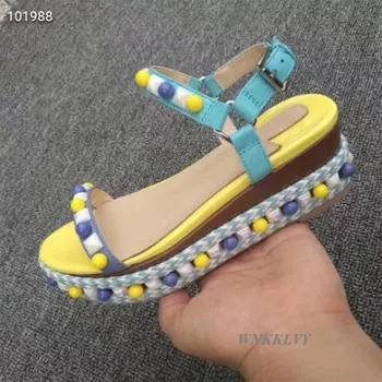 Sandále žena Platformu klinu vysokým podpätkom lete roku 2020 členok popruh farebné perlovité nity dekor topánky dievčatá sandalias feminina