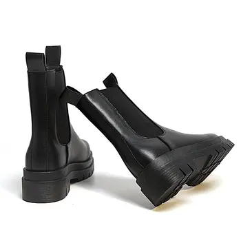 Solid Black Kožené Členkové Topánky pre Ženy Topánky Žena Jeseň Zimné Topánky Pošmyknúť na Hrubé Dno Námestie Podpätky Platformu Topánky Ženy