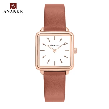 Ananke Ženy Fashion Square Číselník náramkových hodiniek Lady Tenký Jednoduchý Quartz Hodinky Kožený pás Ženský Hodiny Montres Femme AN25