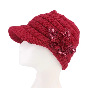 Kórejská verzia dámy zimné klobúk okraj Sequin Sequin Kvet Twist Pletenie Okraj Klobúka Zime Teplé Ženy Vonkajšie Neforemné Beret Spp