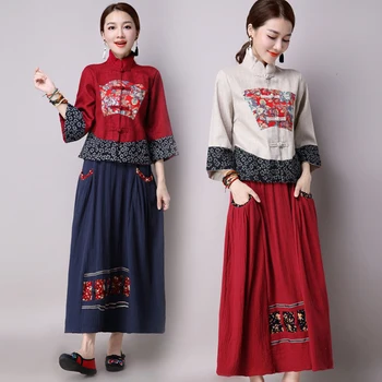Národné Kvetinový Tlač Cheongsam Čínske Šaty pre Ženy Sukne Výšivky Tangsuit Qipao Bielizeň Dlhý Rukáv Šaty Elegantné