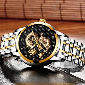 Relogio Masculino Skutočné 2019 LIGE Pánske Hodinky Top Značky Luxusné Gold Dragon Socha Quartz Hodinky Mužov Plné Oceľové Náramkové hodinky