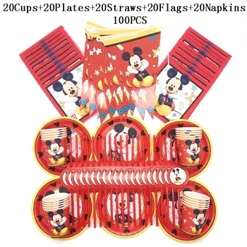 100ks/veľa Červenej Mickey Mouse Strana navrhne Červená Jednorazové Mickey Pohár Doska Obrúsok Slamy Vlajka Happy Birthday Dekorácie Pre Deti