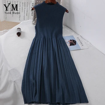 YuooMuoo Elegantné Skladaný Zrastov Midi Šaty 2020 Jeseň Základné Bez Rukávov Riadok Sveter Šaty Vintage Romantický Nádrž Kancelárske Šaty