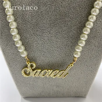 AurolaCo Prispôsobené Názov Náhrdelník Osobné Perlový Náhrdelník Zlatý Prívesok Štítku Náhrdelník Pre Ženy Šperky Darček