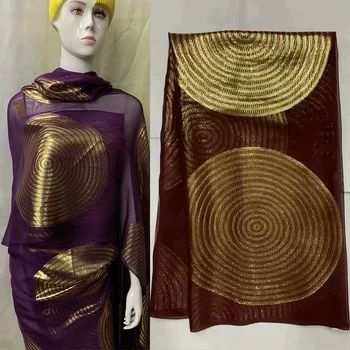 Mnoho farby Afriky mäkké, hodvábne tkaniny na odevné elegantné výšivky na gold & fialová satin materiál s švajčiarsky voile čipky tissu