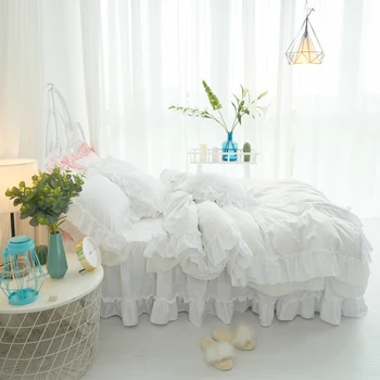 Čisto biely Princezná posteľná bielizeň Sady Luxusných 4pcs Prehrabať Dievčatá Perinu Posteľ Sukne obliečky na Vankúše Svadobné Obliečky Posteľná Bielizeň Bavlna