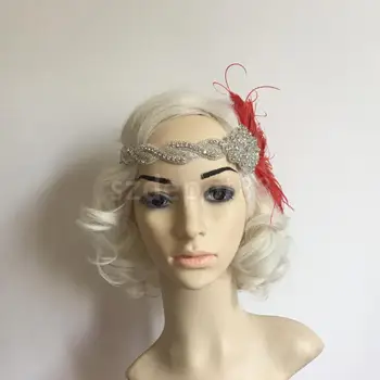 Vintage Ženy Maškarný Fascinator Červené Pierko 1920 Headpiece Krídlovky Hairband Gatsby hlavový most 1920