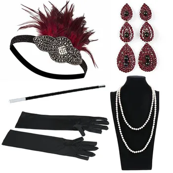 5 ks 1920 Veľký Gatsby Tému Party Kostým Príslušenstvo Nastaviť Vintage Krídlovky Šaty Príslušenstvo Ženy Rukavice Vlasy, Šperky