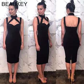 Polstrovaná Rayon Black Koleno Dĺžke Plavky S Uväzovaním Za Krk Otvorte Zadný Šaty Klasické Nové Módy Sexy Žena Bodycon Obväz Šaty