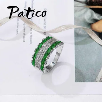 Široký Mužov Krúžky 925 Sterling Silver Prstene Pre Ženy Zelená Full-Zirconia Crystal Kameň Šperky Vianočný Večierok Darček