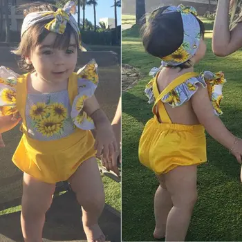 2020 Jednodielnych Novonarodené Dievčatká Slnečnice Krátky Rukáv Jumpsuit Kombinézu Sunsuit Oblečenie Set