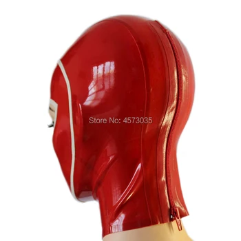 Sexy exotické bielizeň ženy ženy muži male unisex ručné červené latexové pozdĺžne bielou obrubou otvoriť odsávače maska kapota cekc jednotné zenta