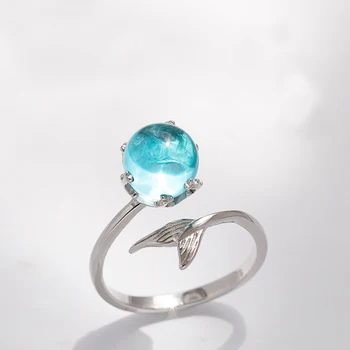 MloveAcc Značka 925 Sterling Silver Blue Crystal Morská víla Bublina Otvoriť Prstene pre Ženy-Móda malá Morská víla Chvost Slzy Šperky