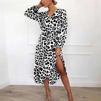Leopard Šaty 2020 Ženy Vintage Long Beach Voľné Šaty s Dlhým Rukávom, V-výstrihom A-line Sexy Party Šaty Vestidos de fiesta