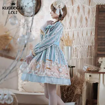 Japonský Sladké Lolita Šaty Vintage Čipky Bowknot Roztomilý Tlač Modré Šaty Viktoriánskej Kawaii Dievča Gothic Princess Ženy Oblečenie