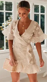 Letné Zábal Šaty Strany Krátky Rukáv Elegantný V Krku Vysoký Pás White Club 2020 Ženy Bežné Čipky Mini Šaty