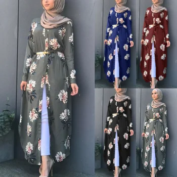 Dubaj Arabských Moslimských Abaya Šaty Ženy Nového Rúcha Tlač na Kvetinový Tenký Dlhý Rukáv Islamskej Eid Bežné Dlhé Šaty Plus Veľkosť 5xl