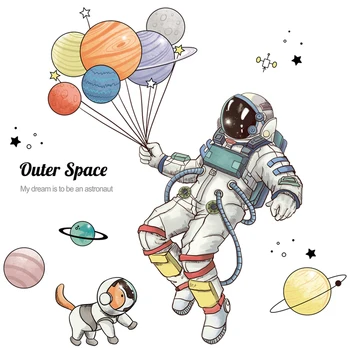3D Astronaut Vymeniteľné Samolepky na Stenu Tvorivá kozmická Loď Priestor Planéty Balón Kotúča, pre Dieťa Izba Cartoon Mš Nálepku