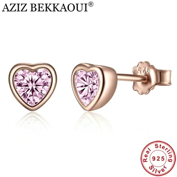 AZIZ BEKKAOUI Autentické 925 Sterling Silver Romantické Ružové Srdce CZ Stud Náušnice pre Ženy Oslňujúci Mincový Striebro Šperky Darček
