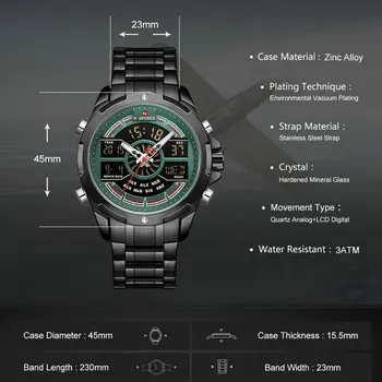 NAVIFORCE Vojenské Pánske Hodinky Top Značky Luxusné Quartz Športové Náramkové hodinky Dual Time Digitálne Hodiny Nepremokavé reloj hombre NF9170