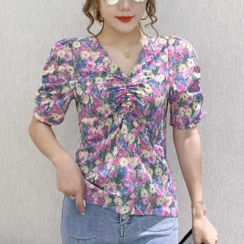 Sexy Vytlačené Letné Blúzky Ženy 2020 Bežné Lístkového Rukáv V Krku Harajuku Dámy Topy Kórejské Oblečenie Vintage Šifón, Blúzky