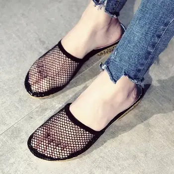 Ženy, papuče tkaných polovica listov s podpätkami kolo prst oka duté von zlaté sandále pre ženy pošmyknúť na letnej obuvi