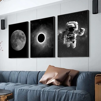 Čierna a Biela Astronaut a Mesiac Plátno na Maľovanie Plagátu a Vytlačí Priestor Wall Art Obrázky pre Obývacia Izba Dekor